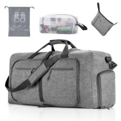 Vomgomfom 65L Faltbare Reisetasche, Große Sporttasche mit Extra Kulturbeutel und Schuhtasche, Unisex, Grau