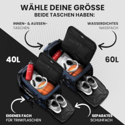 Sporttasche Trainingstasche + Rucksack, Schuhfach, Nassfach | Reisetasche Schwimmtasche Fitnesstasche Sport Gym Fitness Umhän
