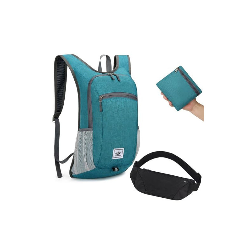Faltbarer Rucksack + Bauchtasche, 15L Ultraleicht Tagesrucksack Gürteltasche Kleiner Wanderrucksack Damen Herren Daypack Wass