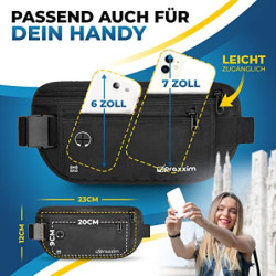 praxxim Die Bauchtasche zum Reisen - DIEBSTAHLSICHER mit RFID Schutz - Extra Flache Bauchtasche unter Kleidung tragbar - Hüft