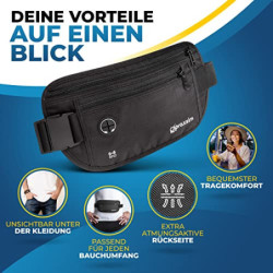 praxxim Die Bauchtasche zum Reisen - DIEBSTAHLSICHER mit RFID Schutz - Extra Flache Bauchtasche unter Kleidung tragbar - Hüft