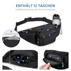 Wiserset Bauchtasche für Herren und Damen, Gürteltasche mit Flaschenhalter Gurt Verstellt Hüfttasche mit 6 Reißverschlusstasc
