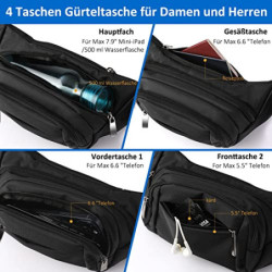 Bauchtasche Damen Große Kapazität Gürteltasche Herren 4 Reißverschluss Taschen wasserdichte Hüfttasche Schwarz für 7,9 Mini