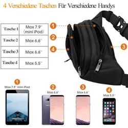 Bauchtasche Damen Große Kapazität Gürteltasche Herren 4 Reißverschluss Taschen wasserdichte Hüfttasche Schwarz für 7,9 Mini