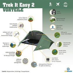 outdoorer Trekkingzelt für 1-2 Personen Trek It Easy 2, leichtes Fix up Schnellaufbau-Zelt mit Apsis, kleines Packmaß, grün,