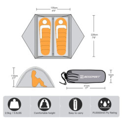 Bessport Zelt 2 Personen Camping Zelt 2 Türen Ultraleicht wasserdicht leicht und einfach zu Bauen Belüftetes 4 Jahreszeiten K