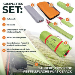 Tourbold Zelt 2 Personen | Tourbude II | kleines Packmaß | Ultraleicht | wasserdicht | großes Innenzelt | Doppelschichtzelt |