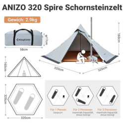 KingCamp ANIZO 320 Tipi Zelt für 1-2 Personen, Spitzdachzelt mit Schornstein, Indianerzelt für Camping, Wandern, UV-Schutz Fi