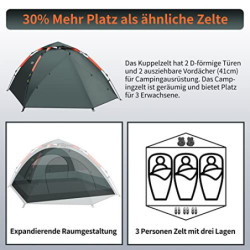 Cflity Camping Zelt, 3 Personen Instant Pop Up Wasserdicht DREI Schicht Automatische Kuppelzelt, Große 4 Jahreszeiten, Backpa