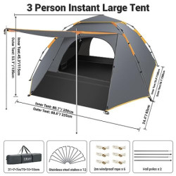 Cflity Camping Zelt, 3 Personen Pop Up Zelt Automatisches Instant DREI Schicht Wasserdicht 4 Jahreszeiten Große Wurfzelt & Ze