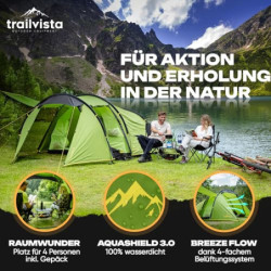 trailvista® Zelt 4 Personen - Familienzelt mit Vorzelt - Campingzelt für 4 Personen wasserdicht mit 3000mm Wassersäule - Camp
