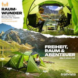 trailvista® Zelt 4 Personen - Familienzelt mit Vorzelt - Campingzelt für 4 Personen wasserdicht mit 3000mm Wassersäule - Camp