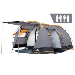 CampFeuer Zelt Super+ für 4 Personen | Grau/Schwarz  Orange  | Großes Tunnelzelt mit 2 Eingängen und Vordach, 3000 mm Wassers