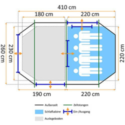 CampFeuer Zelt Super+ für 4 Personen | Grau/Schwarz  Orange  | Großes Tunnelzelt mit 2 Eingängen und Vordach, 3000 mm Wassers