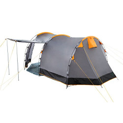 CampFeuer Zelt Super+ für 4 Personen | Grau/Schwarz  Orange  | Großes Tunnelzelt mit 2 Eingängen und Vordach, 3000 mm Wassers