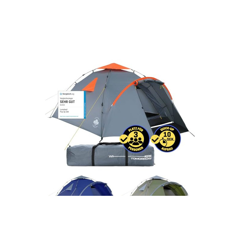 Lumaland Pop Up Zelt | 3-4 Personen Familienzelt | Wurfzelt Innenmaße 210x210x120 cm | Wasserdicht & Windfest | Ideal als Cam