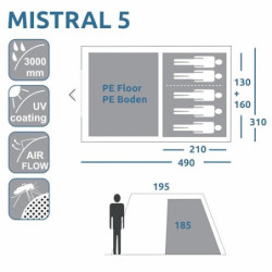 your GEAR Zelt Mistral - Tunnelzelt für 4 oder 5 Personen, Familienzelt mit Vorraum, großen Fenstern und dunkler Schlafkabine