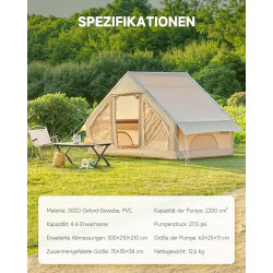 DARTMOOR Aufblasbares Campingzelt mit Pumpe 4-6 Personen Tragbares Familienzelt 3×2,1×2,1m Wasserdichtes Glamping Zelt 4-Jahr