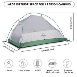 Naturehike Cloud up 1 Zelt Ultraleichte Zelt 1 Person Einzelzelt 1 Mann Zelt für 4 Jahreszeiten Zelt Camping Zelt  210T Grün 