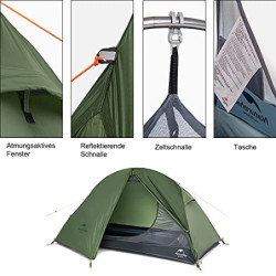 Naturehike Ultraleichtes Zelt,1-2 Person Kuppelzelt Wasserdicht für Rucksackreisen Trekking mit 3 Jahereszeiten,Einfache Einr
