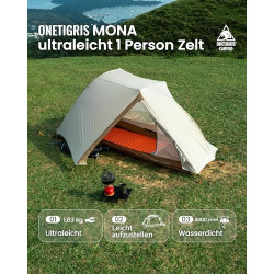 OneTigris Mona Ultraleicht Zelt 1 Person unter 2 kg, Camping Zelt wasserdicht 3000 mm, Bikepacking Zelt kleines Packmaß für W