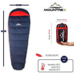 MOUNTREX® Schlafsack - Kleines Packmaß & Ultraleicht  760g  - Outdoor Sommer Schlafsack, Mumienschlafsack  205x80cm  - Kompak