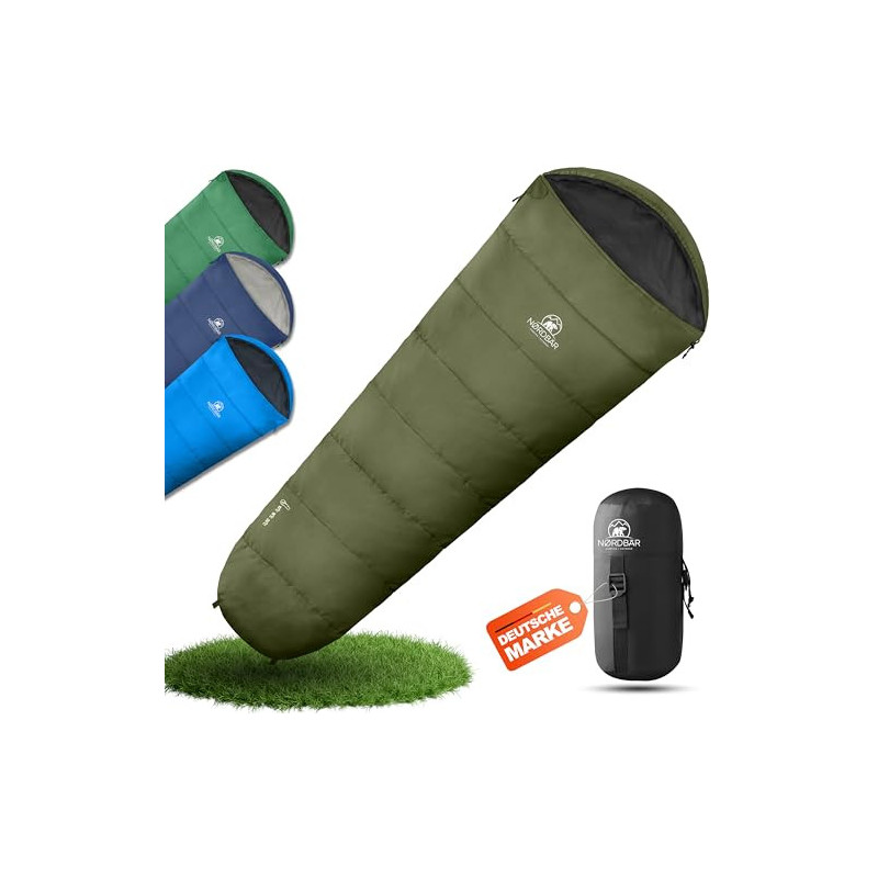 NORDBÄR® Sommerschlafsack Ultraleicht & kompakt [750g] mit kleinem Packmaß | Mumienschlafsack leicht & warm [100GSM] | Hütten