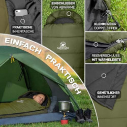 NORDBÄR® Sommerschlafsack Ultraleicht & kompakt [750g] mit kleinem Packmaß | Mumienschlafsack leicht & warm [100GSM] | Hütten