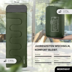 MONTARAY Deckenschlafsack mit Kapuze bis -5°C INKL. KISSEN - Outdoor Winter-Schlafsack & Sommer-Schlafsack 280GSM 3-4 Jahresz