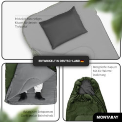 MONTARAY Deckenschlafsack mit Kapuze bis -5°C INKL. KISSEN - Outdoor Winter-Schlafsack & Sommer-Schlafsack 280GSM 3-4 Jahresz