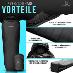 WALDNER Daunenschlafsack Ultraleicht, kleines Packmaß, 4 Jahreszeiten, 800g Daunen, 600FP Bauschkraft, Schlafsack Outdoor und