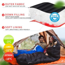 QEZER Schlafsack Winter Outdoor bis -18C° Leichter Warmer Daunenschlafsack mit 620FP Premium Daunen für Camping, Wandern und 