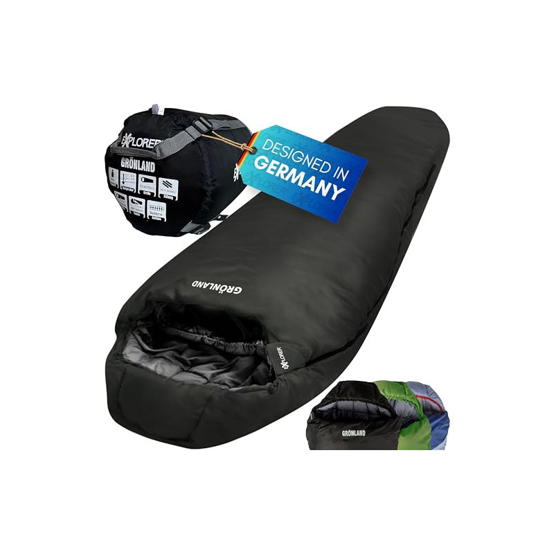 EXPLORER® GRÖNLAND Schlafsack -23°C -5°C [350GSM] 3-4 Jahreszeiten Winter Mumienschlafsack Erwachsene[1900g] 230x82x55cm Zip-