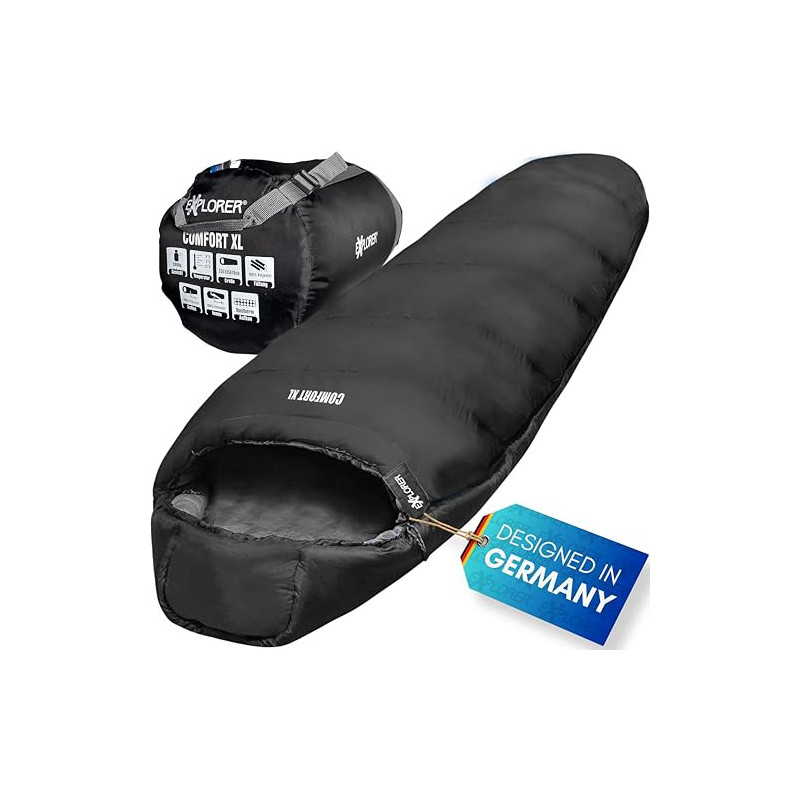 EXPLORER® Comfort XL Schlafsack -23°C -5°C [350GSM] 3-4 Jahreszeiten Winter Mumienschlafsack Schwarz für Erwachsene[2000g] 23
