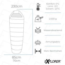 EXPLORER® Comfort XL Schlafsack -23°C -5°C [350GSM] 3-4 Jahreszeiten Winter Mumienschlafsack Schwarz für Erwachsene[2000g] 23