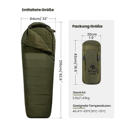 OneTigris Schlafsack Outdoor kleines Packmaß 3 Jahreszeiten 8 °C -15 °C Mumienschlafsack Ultraleicht kompakt für Camping, Rei