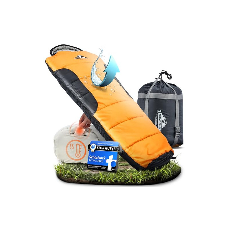 ACTIVE SPARK Schlafsack Winter & 3 Jahreszeiten – wasserabweisend & atmungsaktiv – Nie mehr kalte Füße Dank Taschenwärmer-Tas