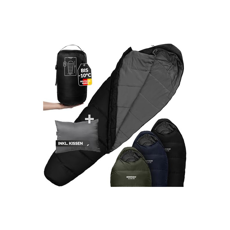 MONTARAY Mumienschlafsack bis -10°C INKL. KISSEN für 3-4 Jahreszeiten 300GSM - Outdoor Winter-Schlafsack & Sommer-Schlafsack 