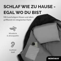 MONTARAY Mumienschlafsack bis -10°C INKL. KISSEN für 3-4 Jahreszeiten 300GSM - Outdoor Winter-Schlafsack & Sommer-Schlafsack 