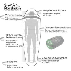 Norskskin Leichter Schlafsack 4 Jahreszeiten 0°C bis -23°C - Mumienschlafsack extra lang  230 x 82 cm  - wasserabweisender Sc