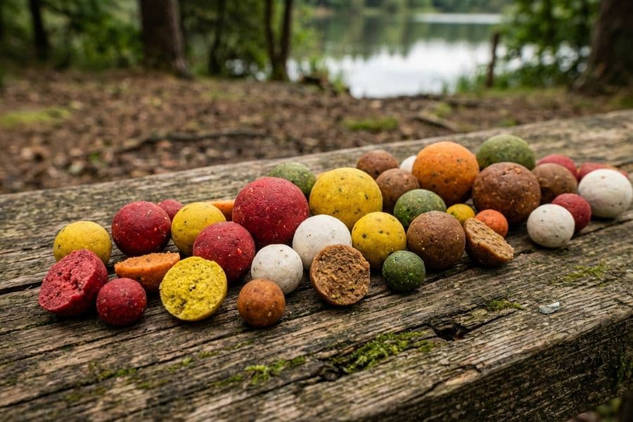 Verschiedene Boilies in unterschiedlichen Farben und Größen auf Holzbrett