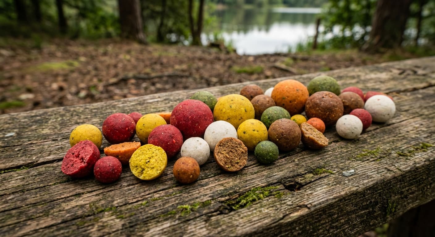 Verschiedene Boilies in unterschiedlichen Farben und Größen auf Holzbrett