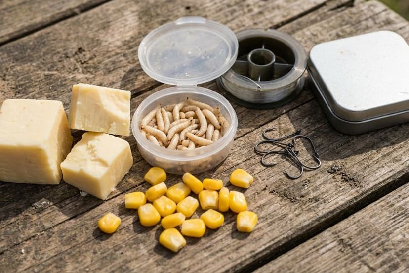 Verschiedene Barbenköder wie Käse, Maden und Mais auf Holzuntergrund