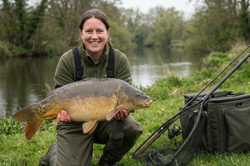 Karpfenangler bei Sonnenuntergang am See mit aufgebauten Ruten