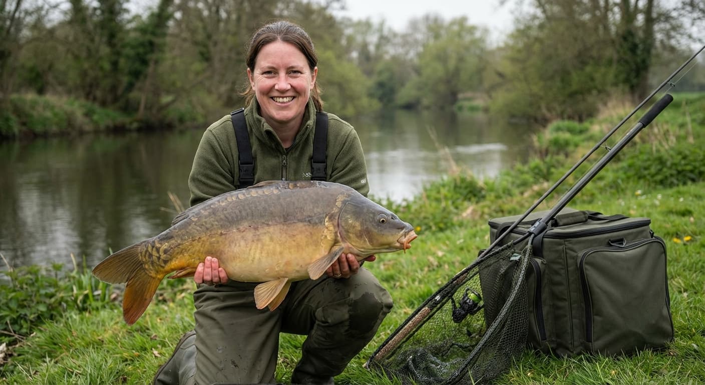 Karpfenangler bei Sonnenuntergang am See mit aufgebauten Ruten