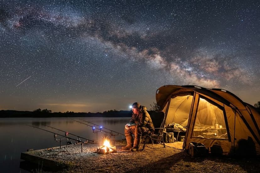 Karpfenangler nachts am beleuchteten Bivvy unter Sternenhimmel