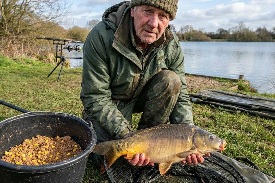 Method Feeder Korb mit Futter gefüllt und Hakenköder bereit zum Wurf