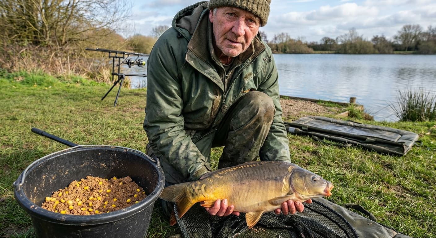 Method Feeder Korb mit Futter gefüllt und Hakenköder bereit zum Wurf