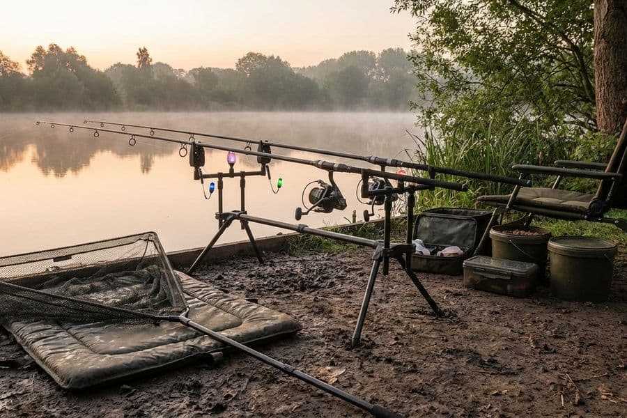 Klassisches Karpfen-Ansitz-Setup mit drei Ruten auf Rod Pod und elektronischen Bissanzeigern