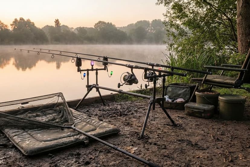 Klassisches Karpfen-Ansitz-Setup mit drei Ruten auf Rod Pod und elektronischen Bissanzeigern